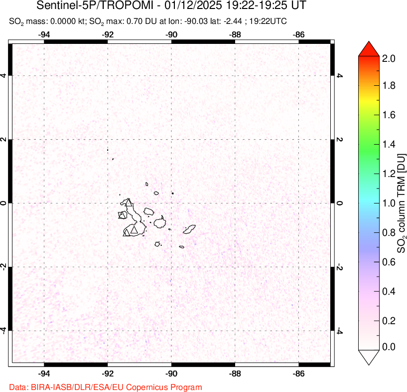 A sulfur dioxide image over Galápagos Islands on Jan 12, 2025.