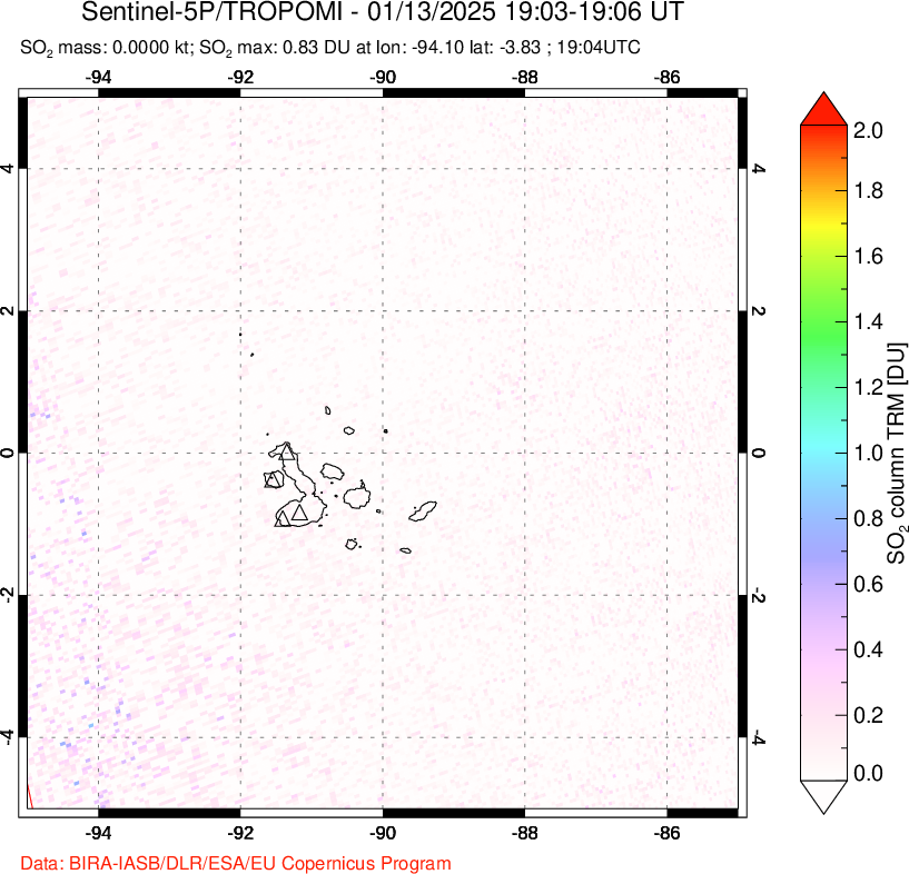 A sulfur dioxide image over Galápagos Islands on Jan 13, 2025.