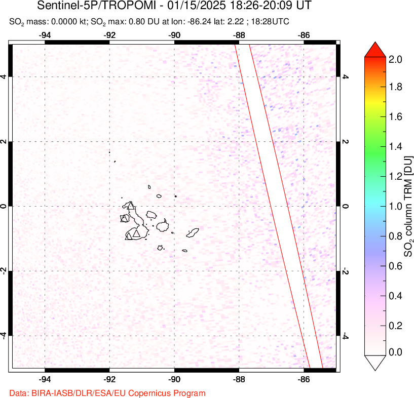 A sulfur dioxide image over Galápagos Islands on Jan 15, 2025.