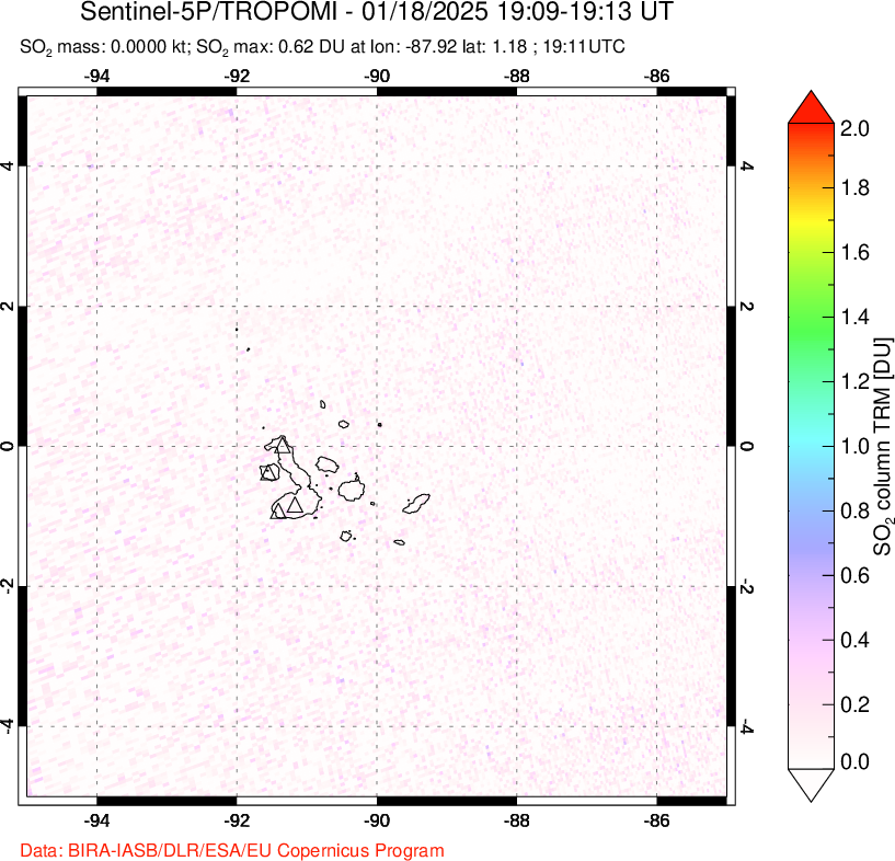 A sulfur dioxide image over Galápagos Islands on Jan 18, 2025.