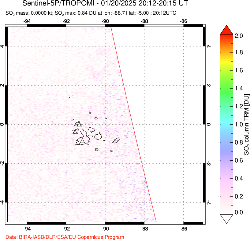 A sulfur dioxide image over Galápagos Islands on Jan 20, 2025.