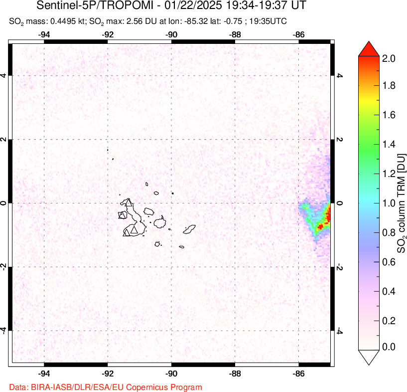 A sulfur dioxide image over Galápagos Islands on Jan 22, 2025.