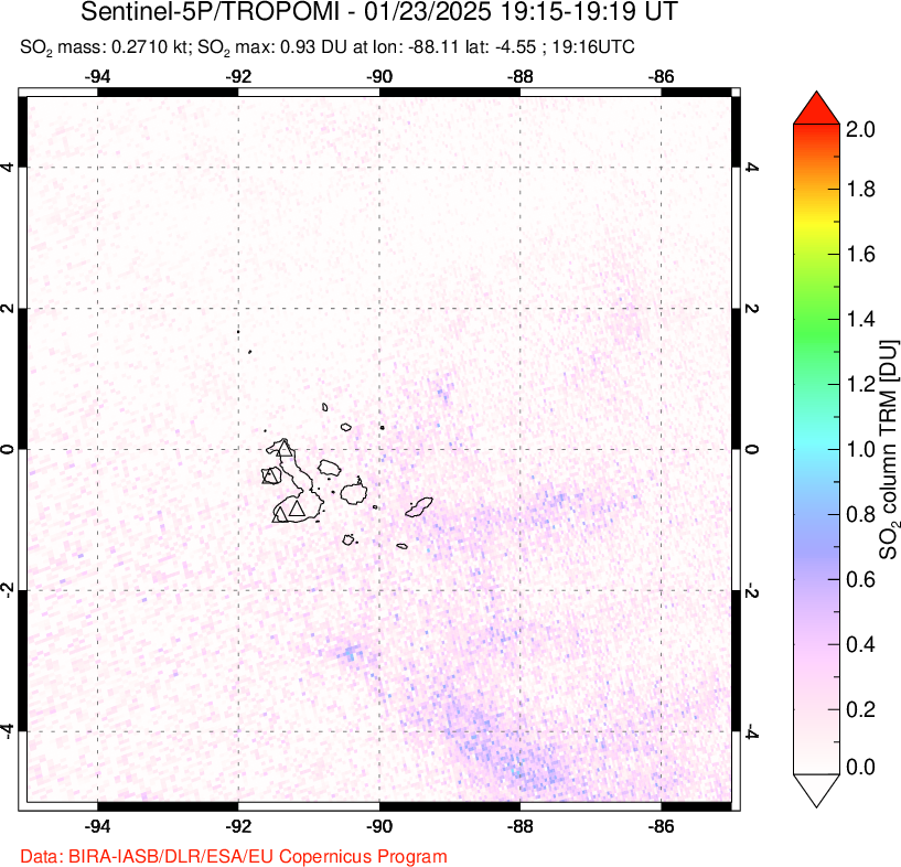 A sulfur dioxide image over Galápagos Islands on Jan 23, 2025.