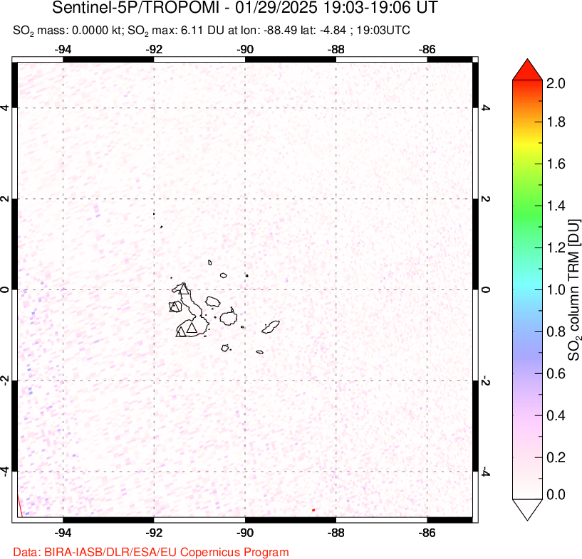 A sulfur dioxide image over Galápagos Islands on Jan 29, 2025.