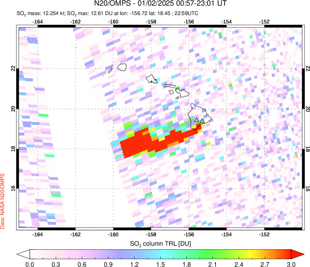 A sulfur dioxide image over Hawaii, USA on Jan 02, 2025.