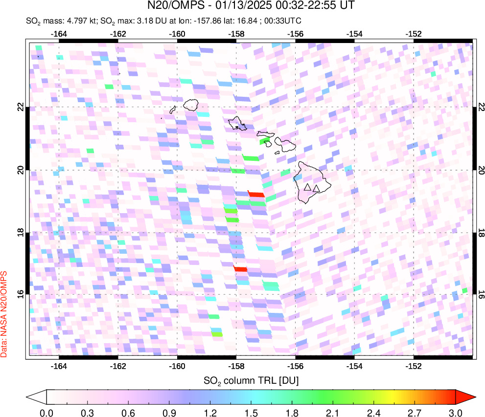 A sulfur dioxide image over Hawaii, USA on Jan 13, 2025.