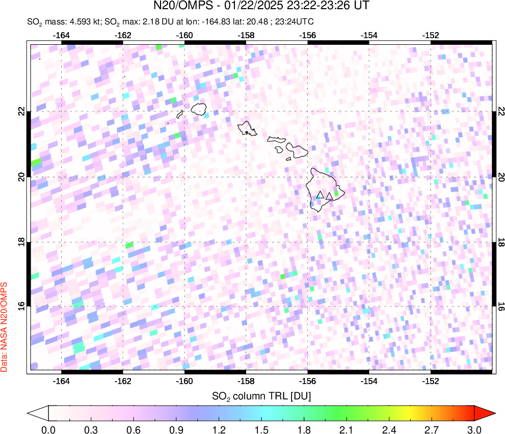 A sulfur dioxide image over Hawaii, USA on Jan 22, 2025.