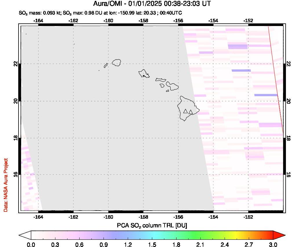 A sulfur dioxide image over Hawaii, USA on Jan 01, 2025.