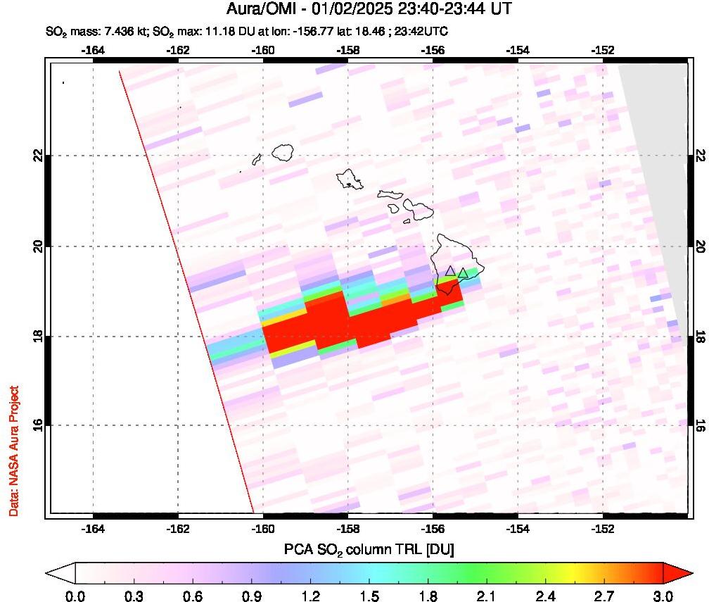 A sulfur dioxide image over Hawaii, USA on Jan 02, 2025.