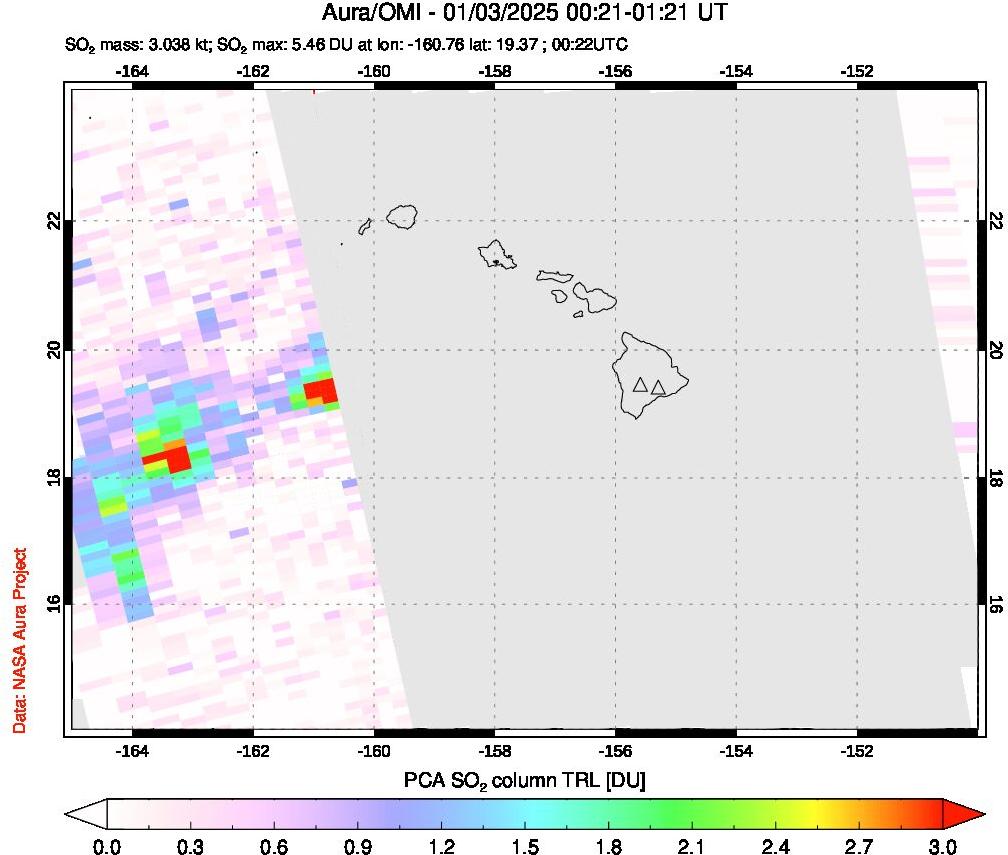 A sulfur dioxide image over Hawaii, USA on Jan 03, 2025.