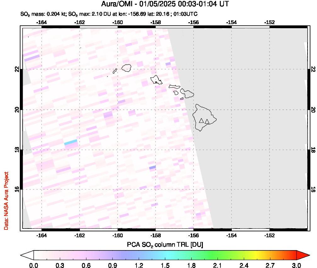 A sulfur dioxide image over Hawaii, USA on Jan 05, 2025.