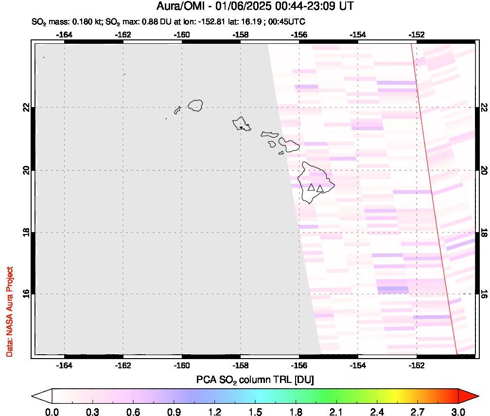 A sulfur dioxide image over Hawaii, USA on Jan 06, 2025.