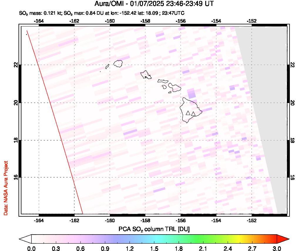 A sulfur dioxide image over Hawaii, USA on Jan 07, 2025.