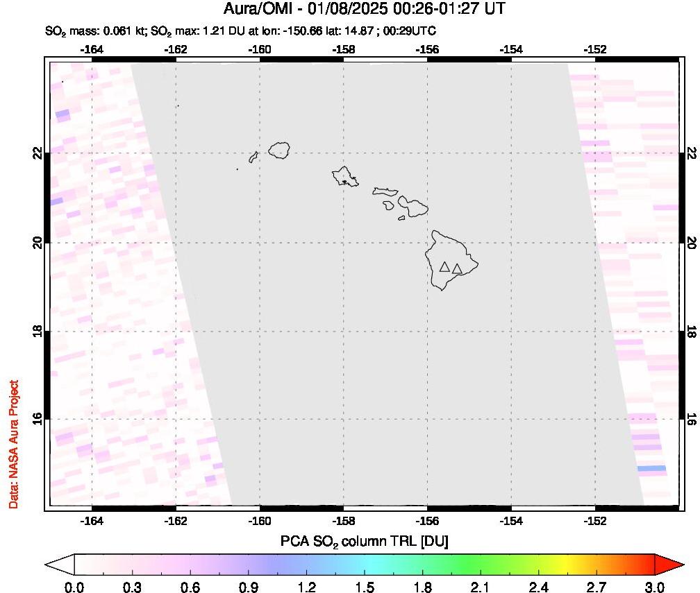 A sulfur dioxide image over Hawaii, USA on Jan 08, 2025.