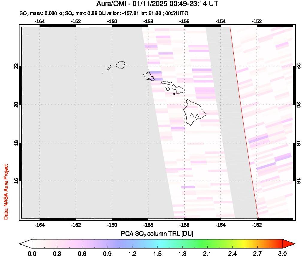 A sulfur dioxide image over Hawaii, USA on Jan 11, 2025.