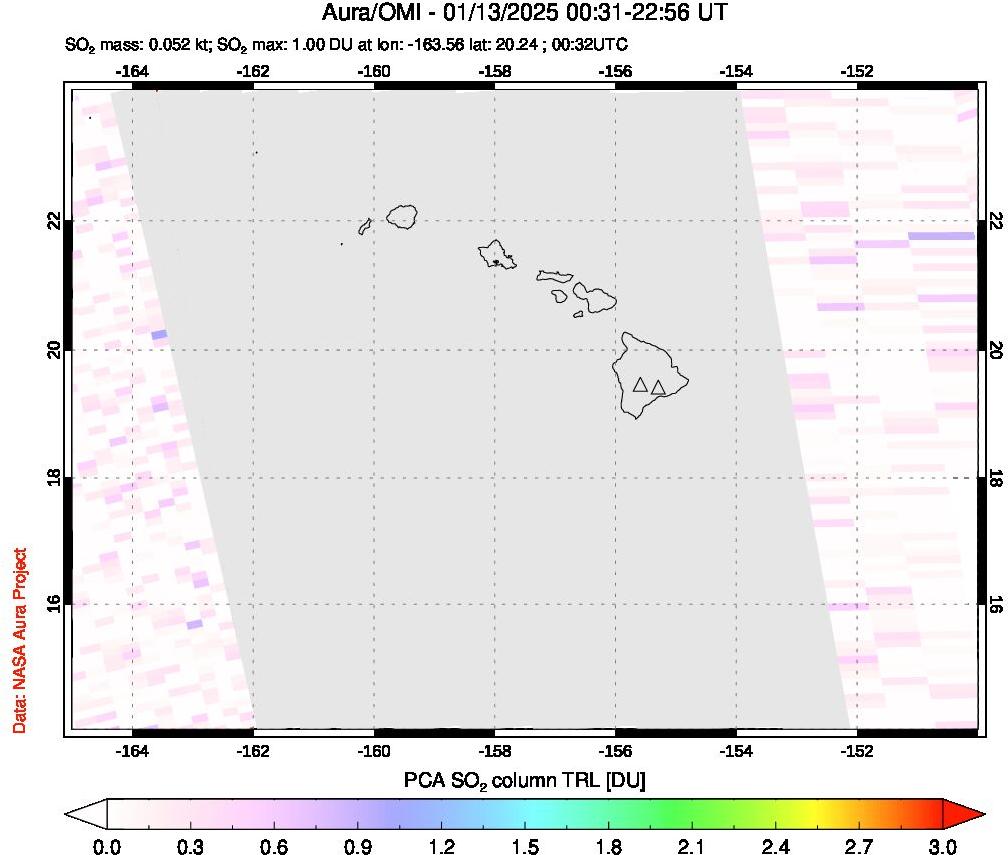 A sulfur dioxide image over Hawaii, USA on Jan 13, 2025.