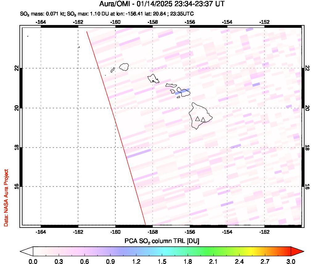 A sulfur dioxide image over Hawaii, USA on Jan 14, 2025.