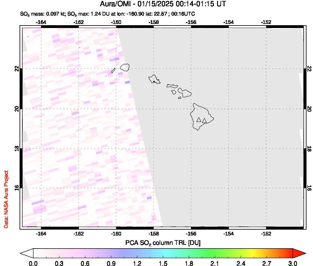 A sulfur dioxide image over Hawaii, USA on Jan 15, 2025.