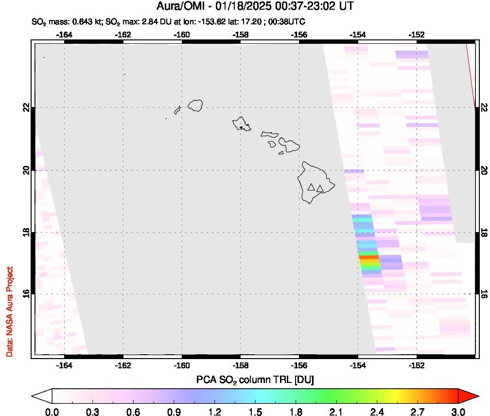 A sulfur dioxide image over Hawaii, USA on Jan 18, 2025.