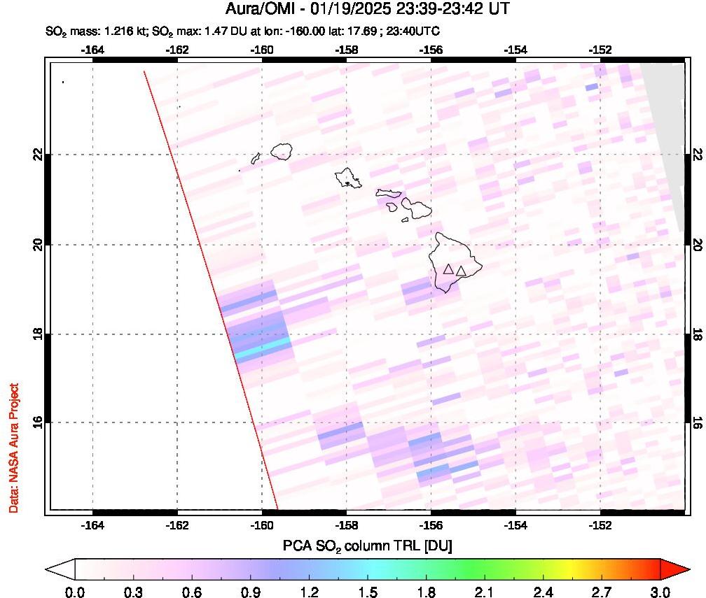 A sulfur dioxide image over Hawaii, USA on Jan 19, 2025.