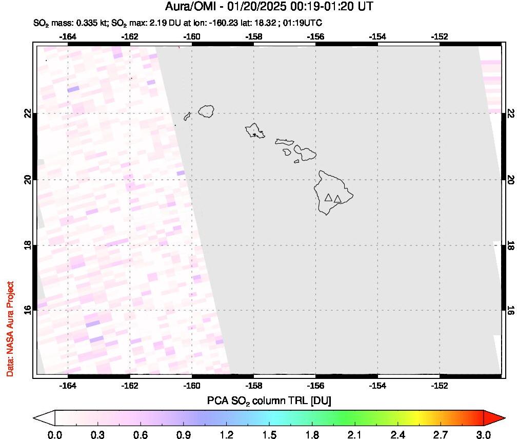 A sulfur dioxide image over Hawaii, USA on Jan 20, 2025.