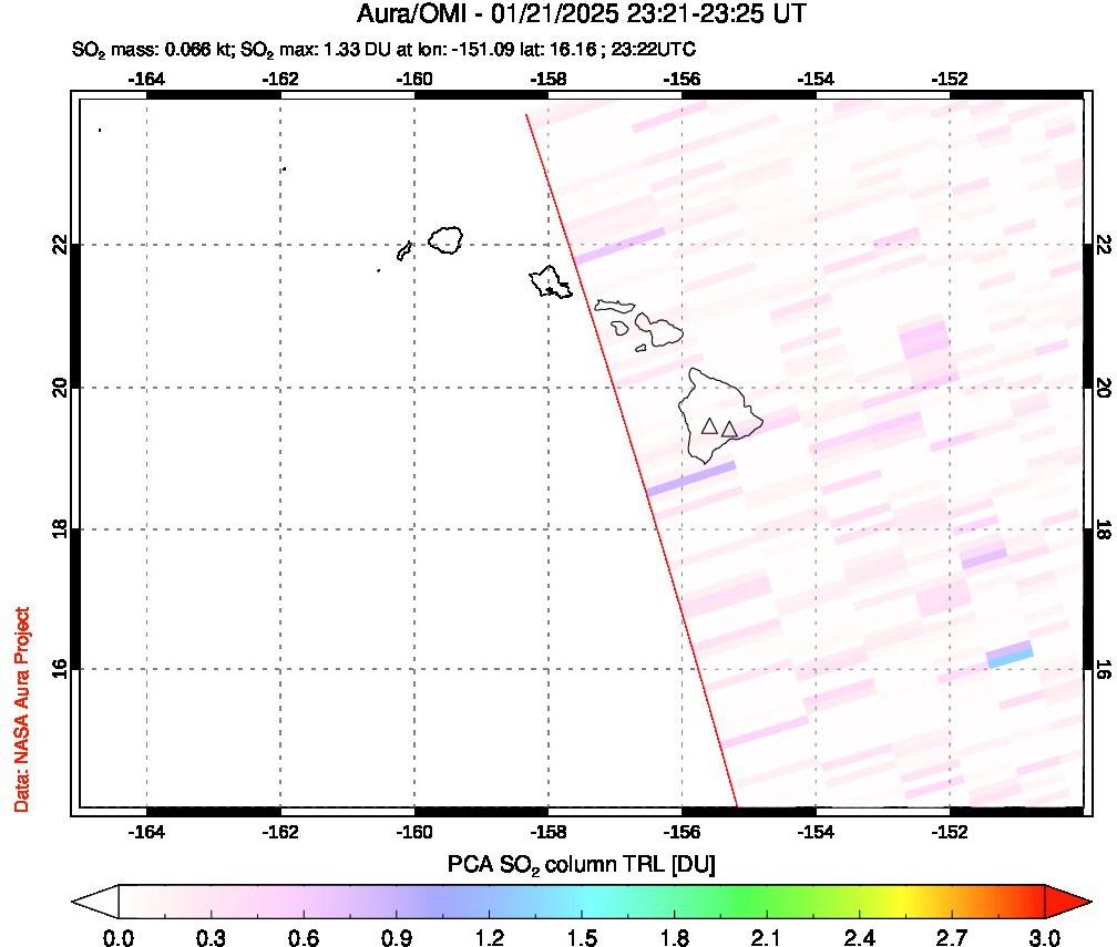 A sulfur dioxide image over Hawaii, USA on Jan 21, 2025.