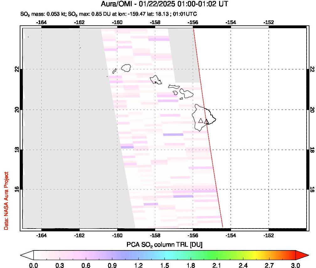 A sulfur dioxide image over Hawaii, USA on Jan 22, 2025.