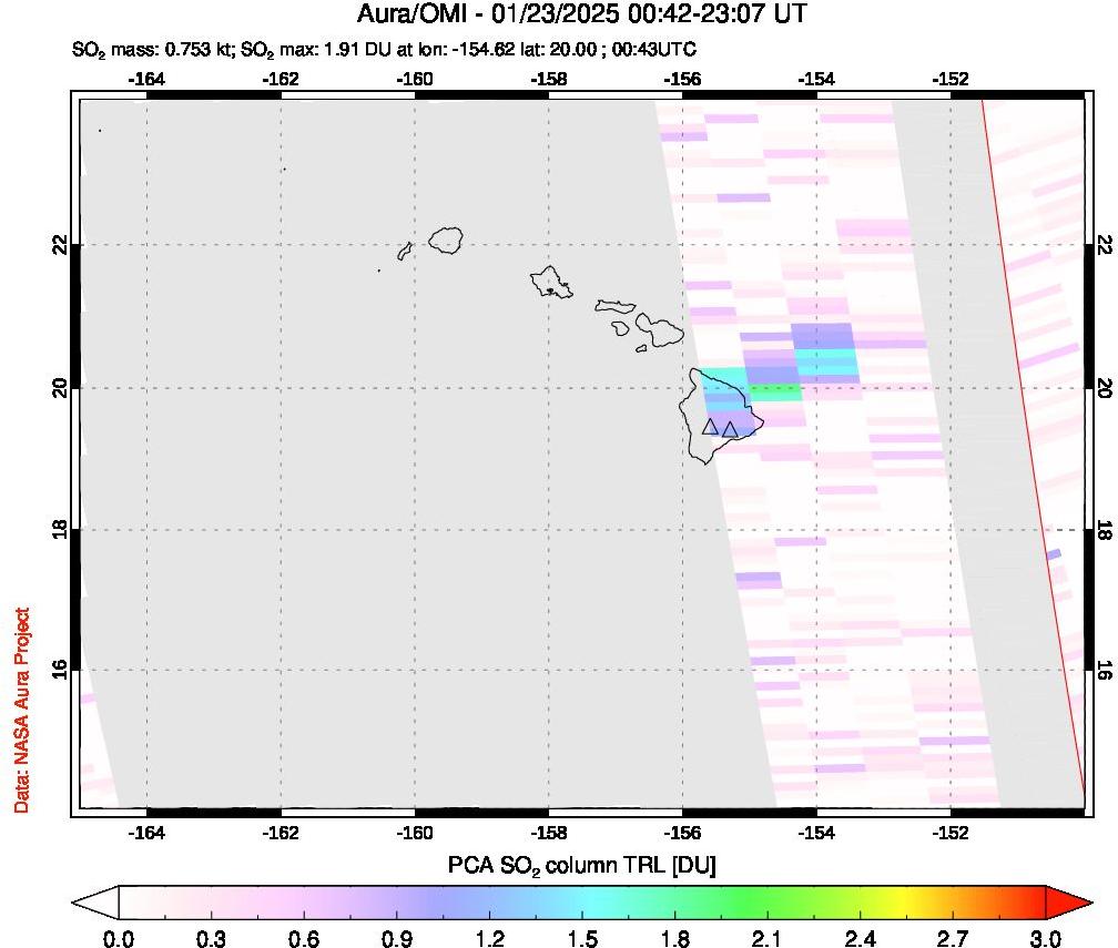 A sulfur dioxide image over Hawaii, USA on Jan 23, 2025.