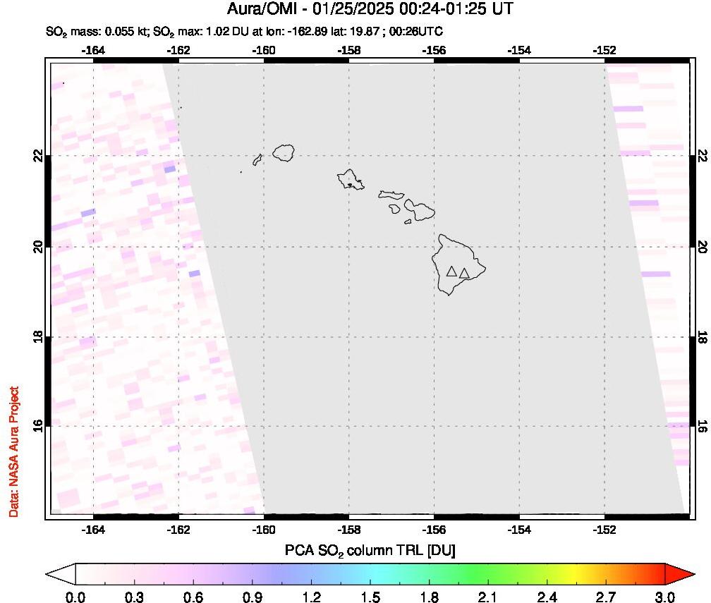 A sulfur dioxide image over Hawaii, USA on Jan 25, 2025.