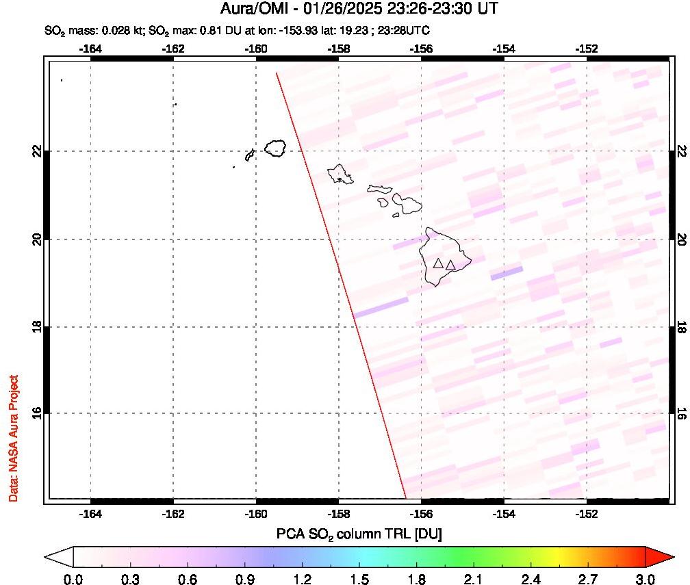 A sulfur dioxide image over Hawaii, USA on Jan 26, 2025.