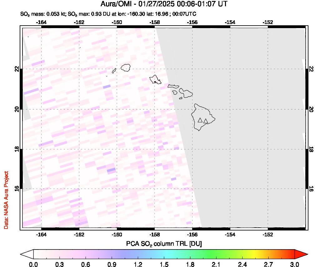 A sulfur dioxide image over Hawaii, USA on Jan 27, 2025.