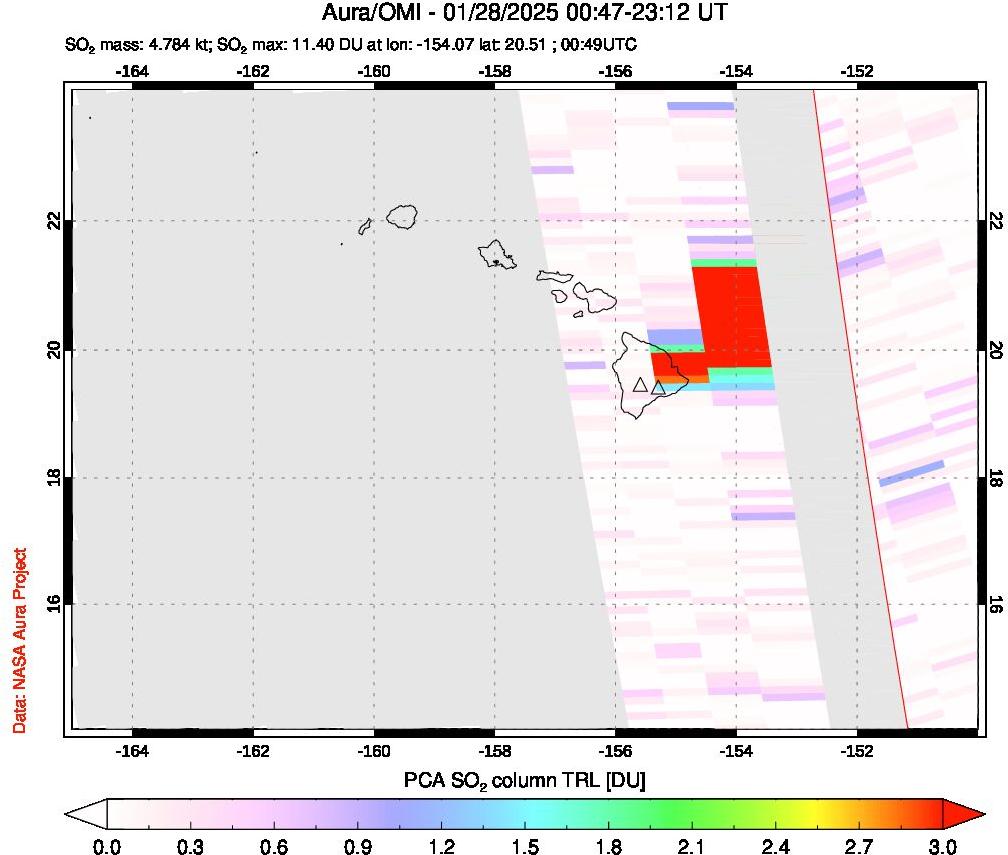 A sulfur dioxide image over Hawaii, USA on Jan 28, 2025.