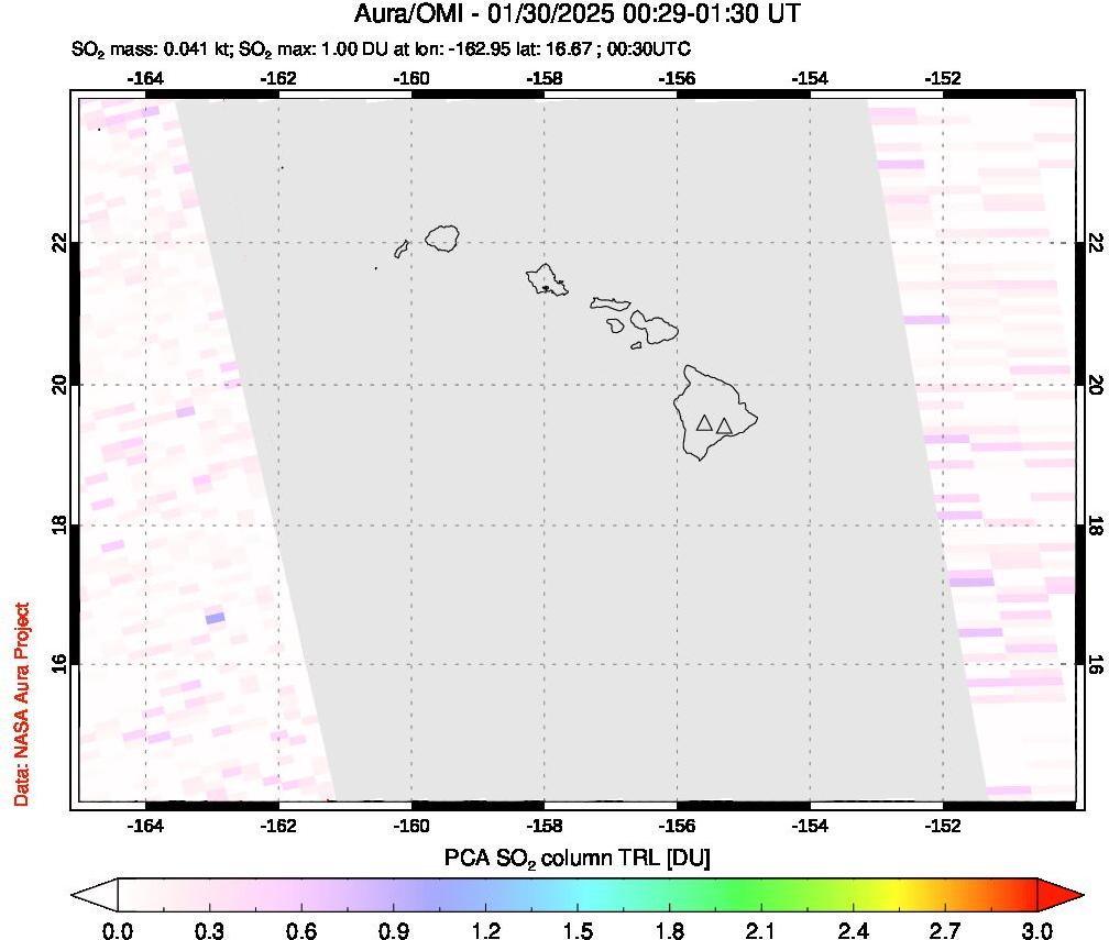 A sulfur dioxide image over Hawaii, USA on Jan 30, 2025.