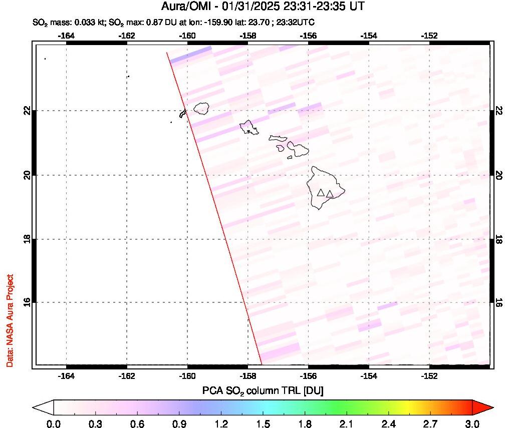 A sulfur dioxide image over Hawaii, USA on Jan 31, 2025.