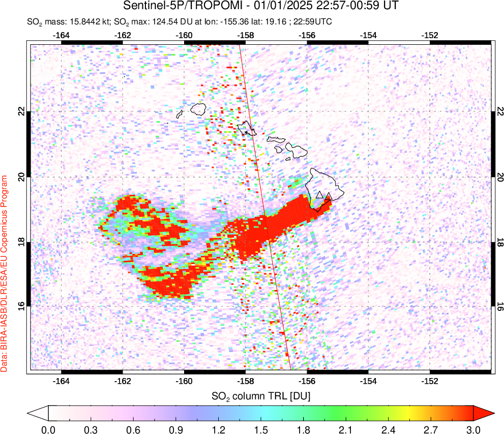 A sulfur dioxide image over Hawaii, USA on Jan 01, 2025.