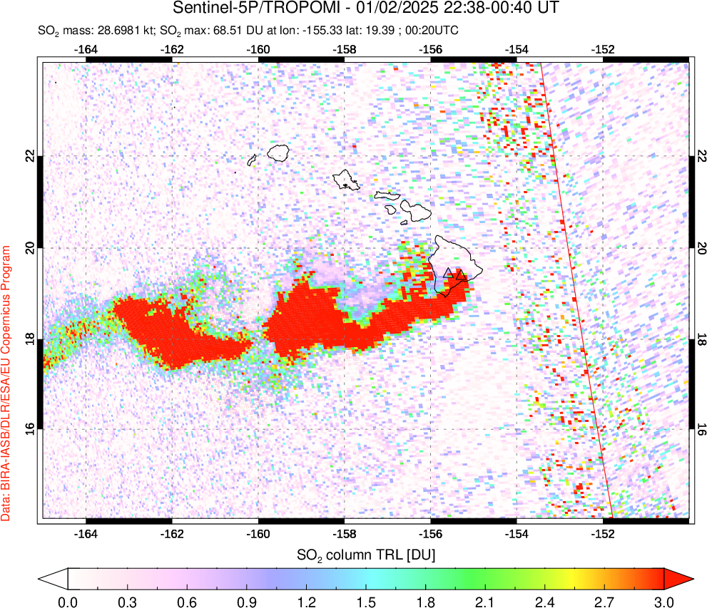 A sulfur dioxide image over Hawaii, USA on Jan 02, 2025.