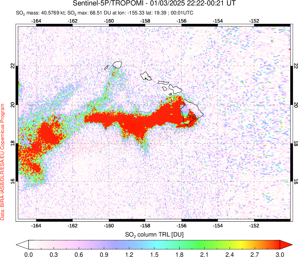 A sulfur dioxide image over Hawaii, USA on Jan 03, 2025.