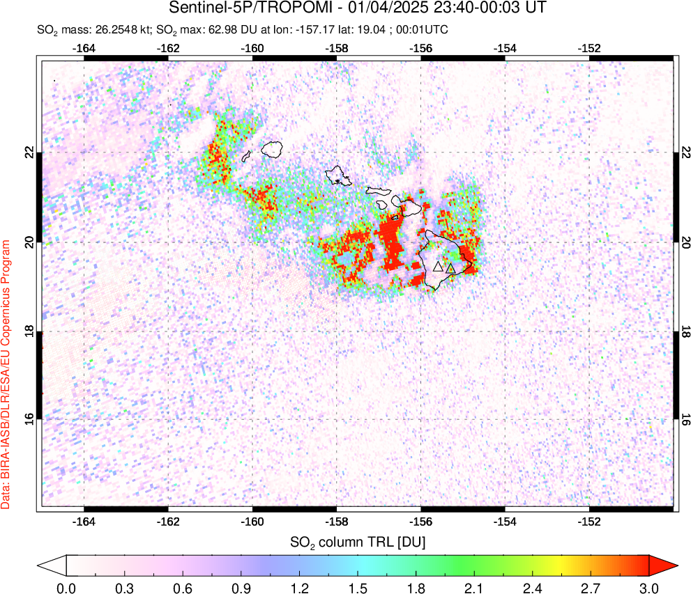 A sulfur dioxide image over Hawaii, USA on Jan 04, 2025.