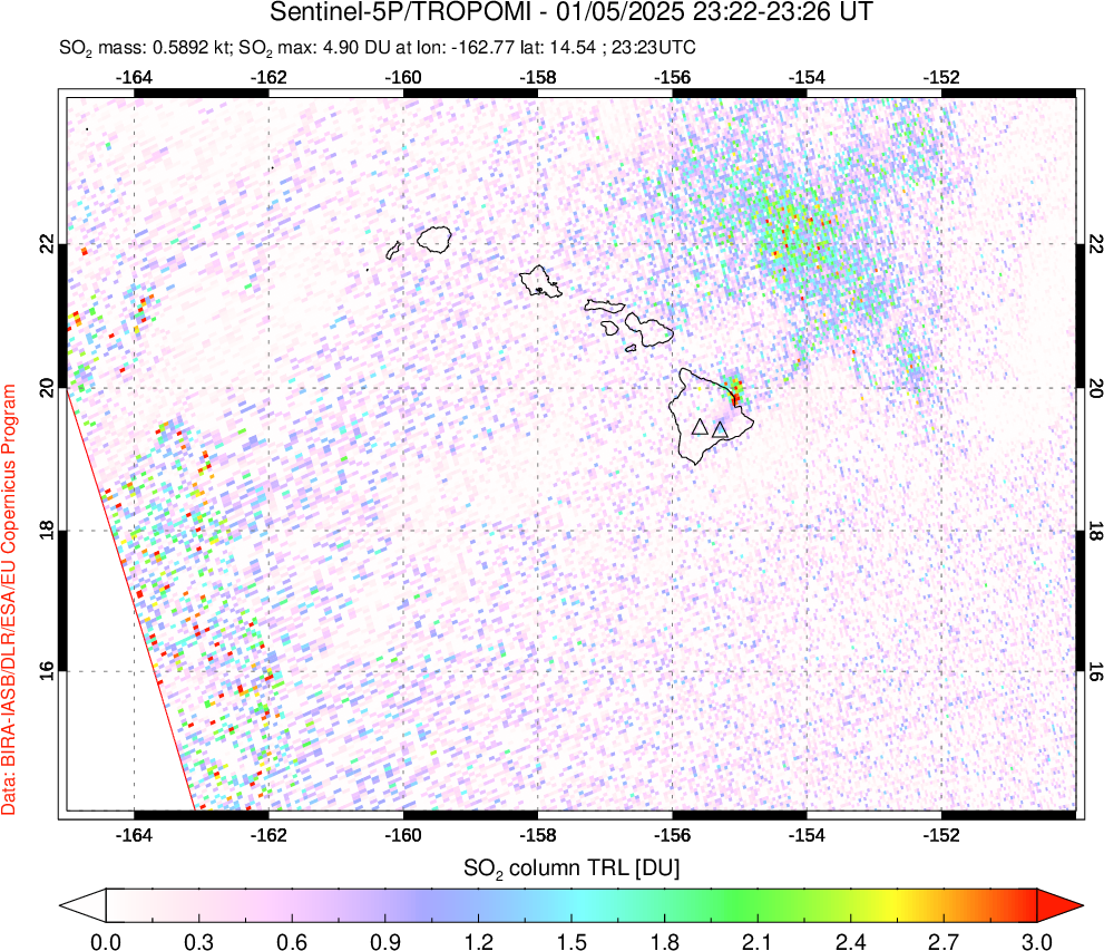 A sulfur dioxide image over Hawaii, USA on Jan 05, 2025.