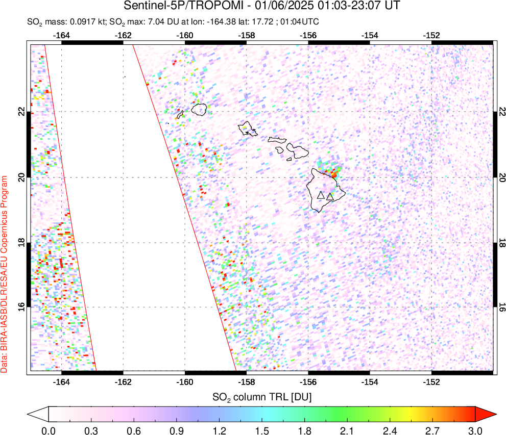 A sulfur dioxide image over Hawaii, USA on Jan 06, 2025.