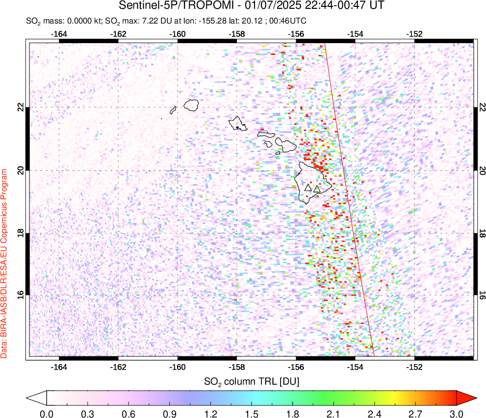 A sulfur dioxide image over Hawaii, USA on Jan 07, 2025.