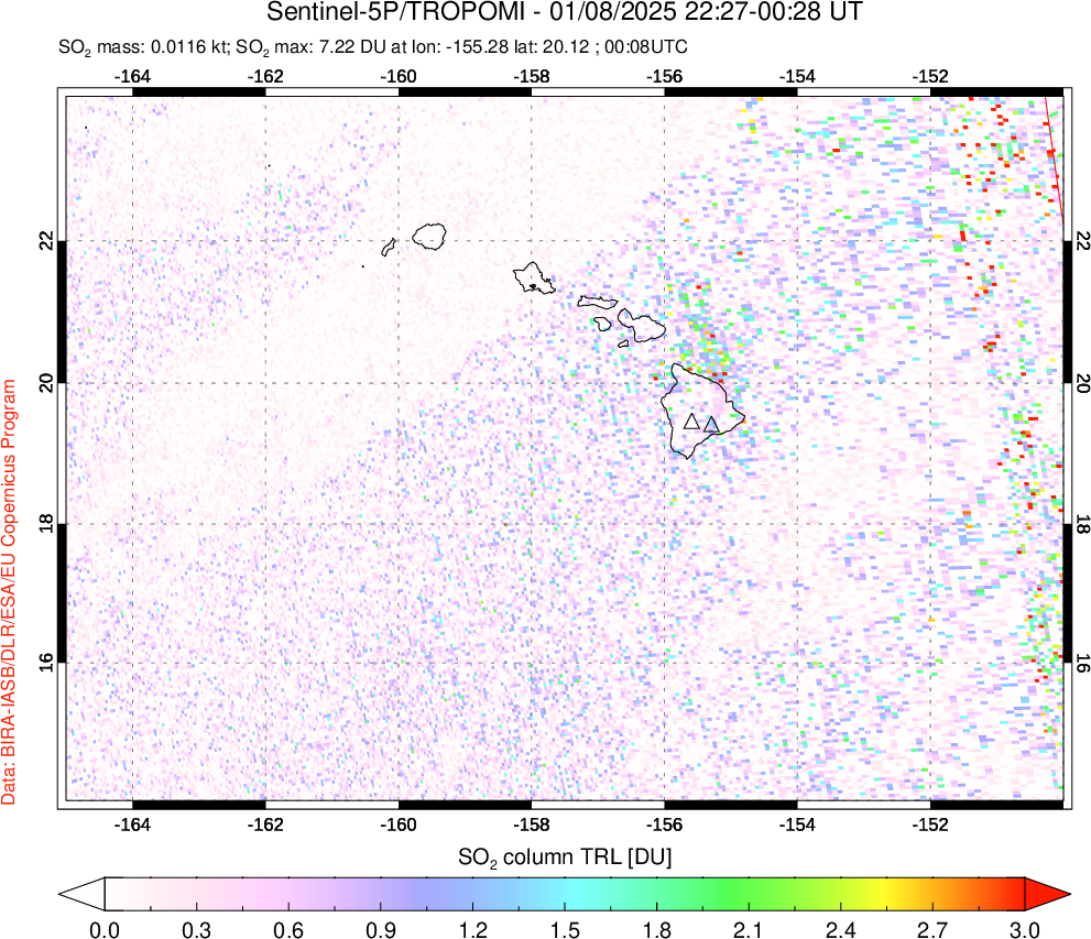 A sulfur dioxide image over Hawaii, USA on Jan 08, 2025.