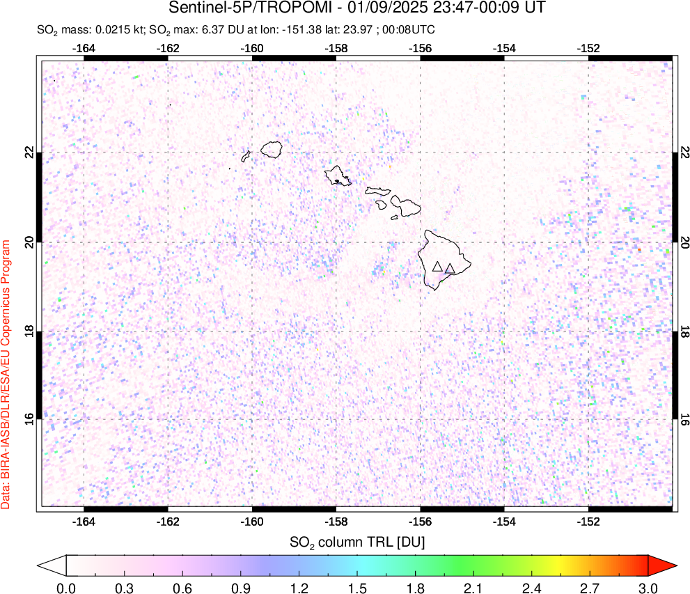 A sulfur dioxide image over Hawaii, USA on Jan 09, 2025.