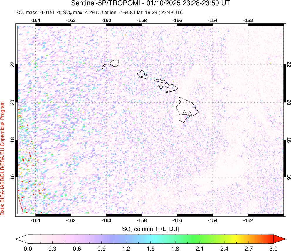 A sulfur dioxide image over Hawaii, USA on Jan 10, 2025.