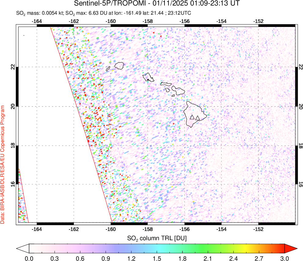 A sulfur dioxide image over Hawaii, USA on Jan 11, 2025.