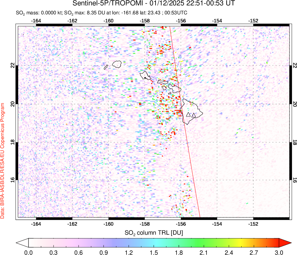 A sulfur dioxide image over Hawaii, USA on Jan 12, 2025.