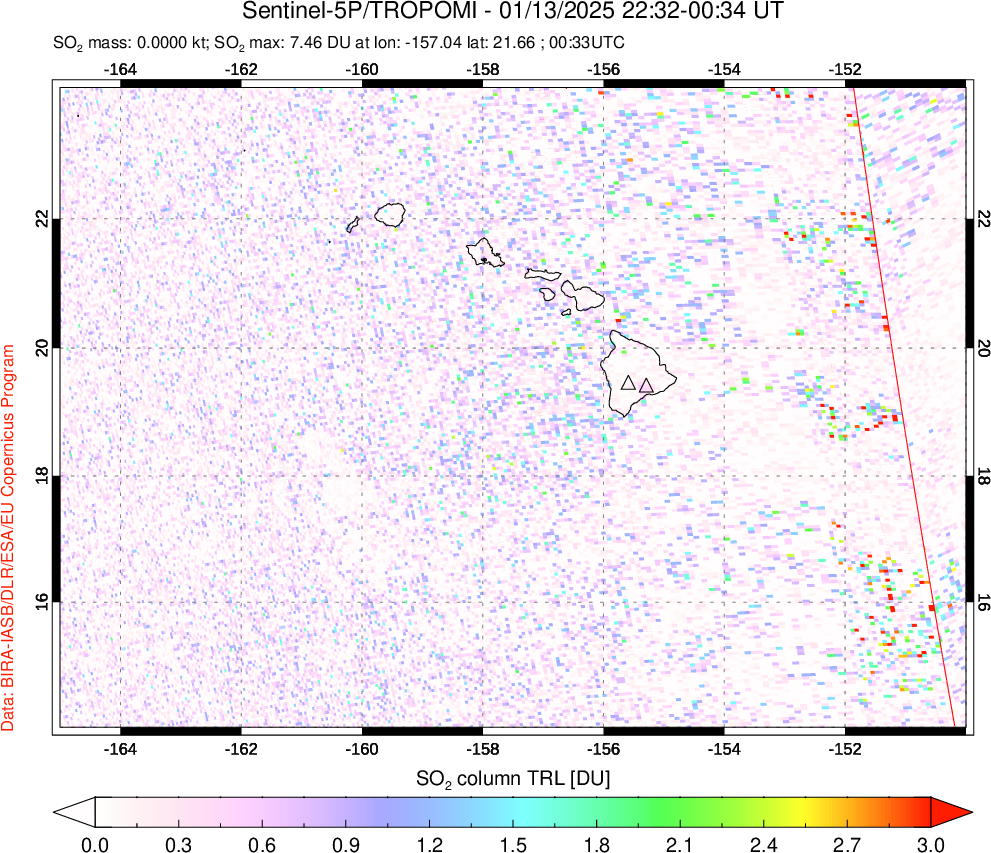 A sulfur dioxide image over Hawaii, USA on Jan 13, 2025.