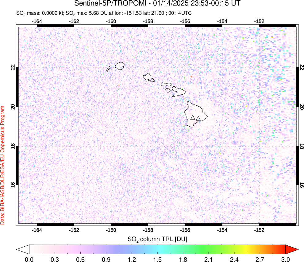 A sulfur dioxide image over Hawaii, USA on Jan 14, 2025.