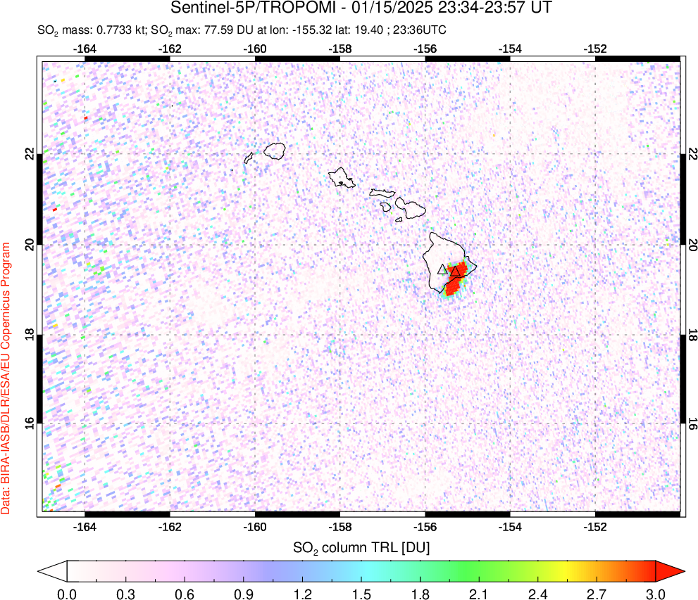 A sulfur dioxide image over Hawaii, USA on Jan 15, 2025.