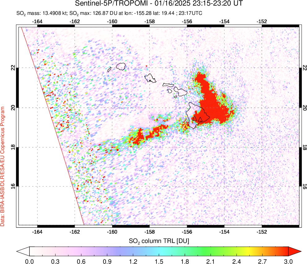 A sulfur dioxide image over Hawaii, USA on Jan 16, 2025.